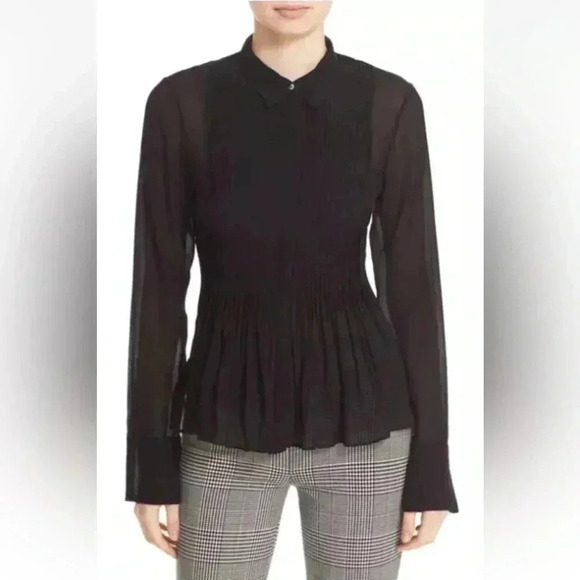 Theory 'Dionelle' Pintuck Pleat Textured Chiffon Black Sheer Blouse 100% Silk S - Picture 1 of 13